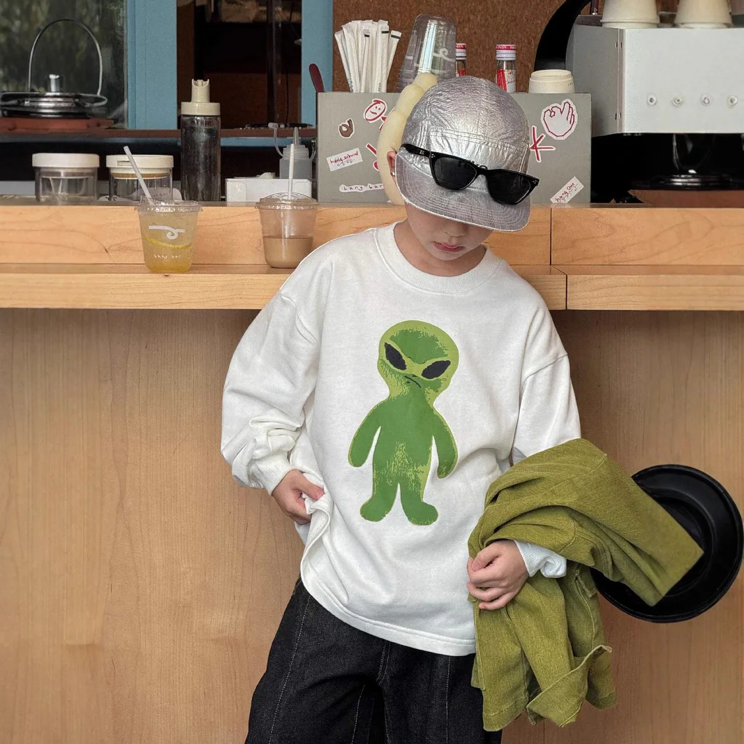 Autumn 2025 New Children's Clothing Boys' Alien Print Long Sleeve Terry Pullover Sweatshirt