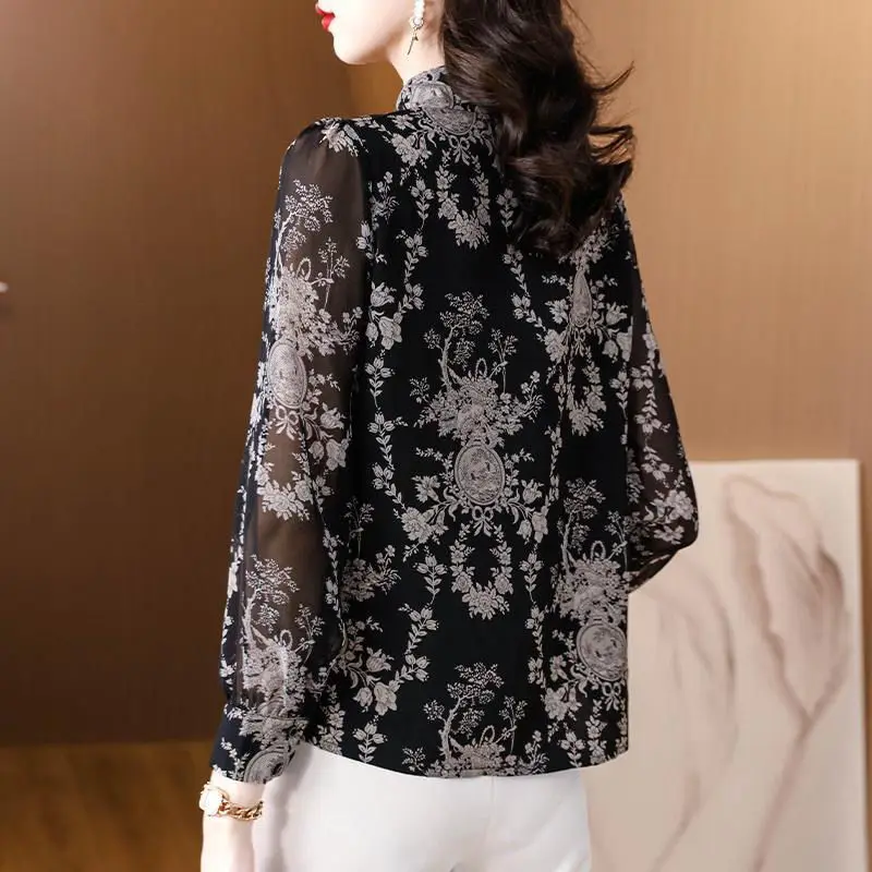 Spring and Autumn Women\'s Turn Down Collar Loose Long Sleeve Single Treated Printed Blouse Fashion Casual Office Lady Tops