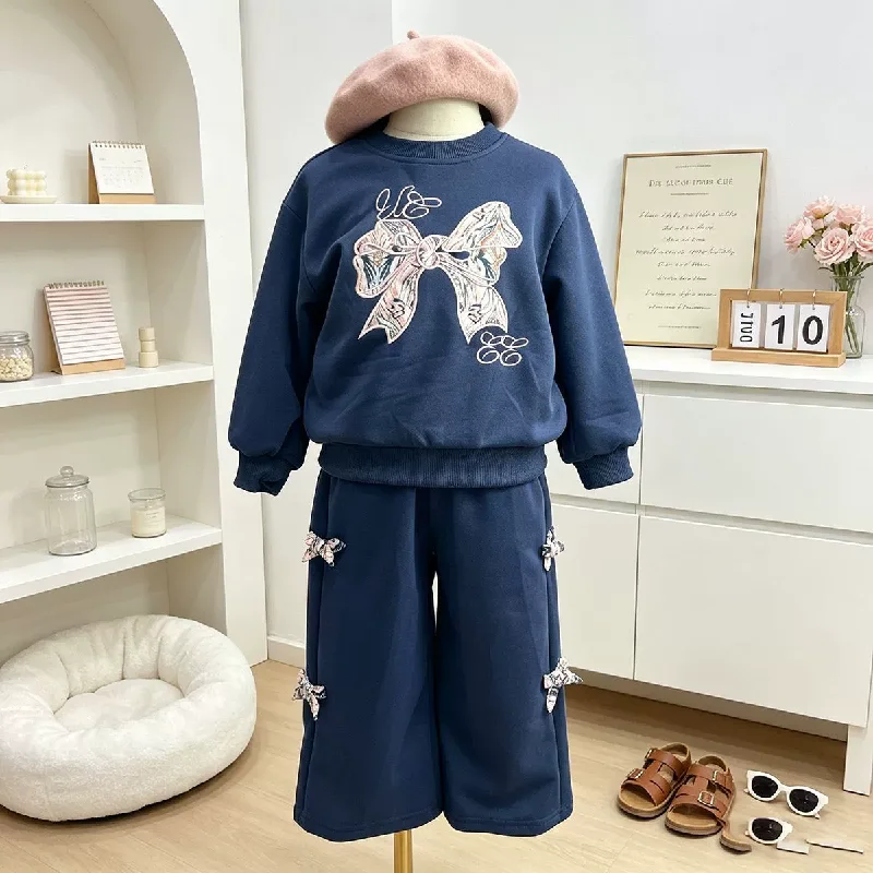 Autumn New Girls Clothing Set Spring Fashion Bow Embroidery Sweatshirt+Pants 2Pcs Outfit Kids Long Sleeve Suits Children Clothes