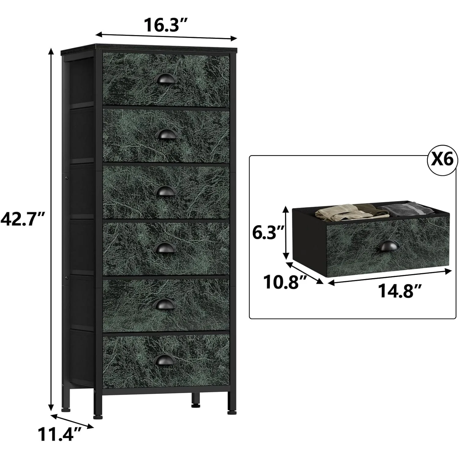 Cômoda vertical para quarto, unidade alta de torre de armazenamento e baú com 6 gavetas, móveis de cabeceira verdes vintage, sala de estar.