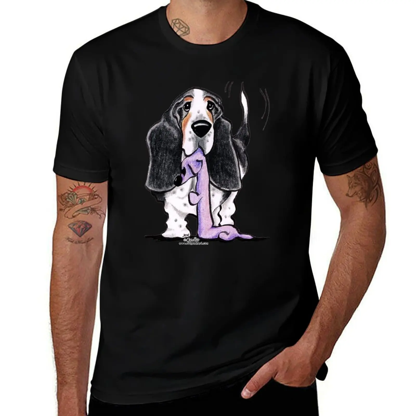 Black/Tan Basset Hound Lets Play T-Shirt Casual Loose Short Sleeve Tee for Men T-Shirt