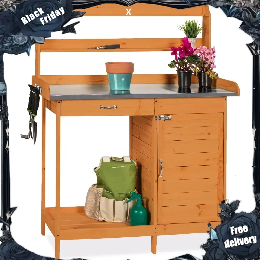 Outdoor Garden Wooden Potting Bench Work Station w/Metal Table Top, Pre-Stained Finish Cabinet,Sliding Drawer Large Bottom Shelf