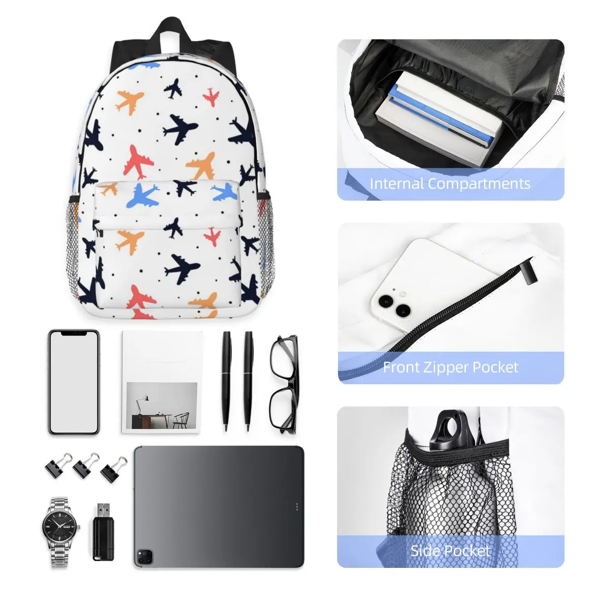 Random Airplanes Pattern Aviation Fighter Pilot Backpack Daypack Large Capacity Boys Girls BookBag Shoulder Bags School Bag