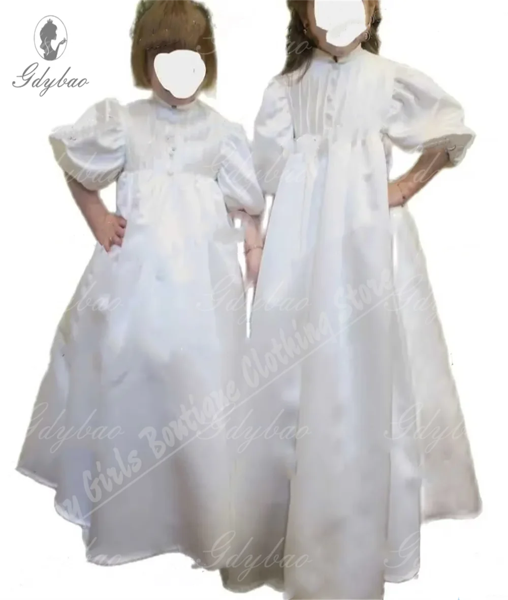 Robes de demoiselle d'honneur en satin blanc pour enfants, robe plissée pour mariage, princesse, tout-petit, reconstitution historique, bouffante, convocation, manches ballon