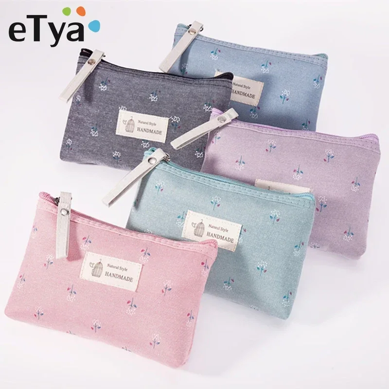 eTya Fashion Canvas Cosmetic Bag Women Floral Zipper Small Makeup Bags Travel Organizer Canvas Mini Lady Toiletry Bag Pouch