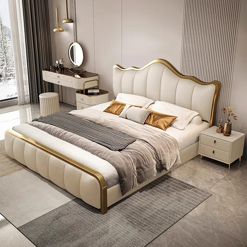 Modern Luxury Wood Bedroom Furniture Soft Up-holstered Beds Full Size Double Bed Frame Leather Set Storage Design Metal Goldy