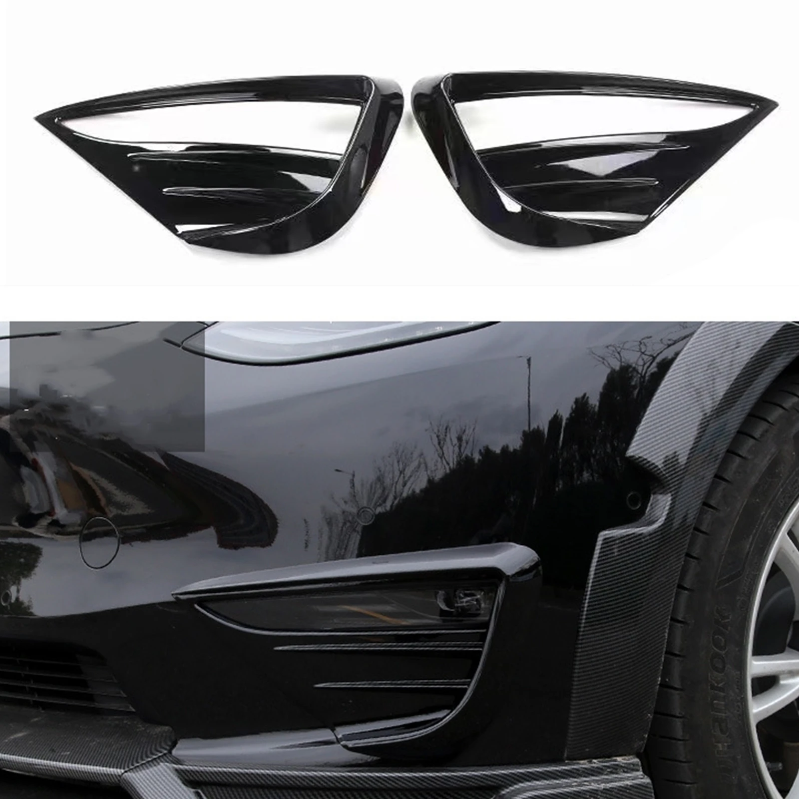 For Tesla Model Y 2020-2023 Front Bumper Fog Light Lamp Cover Trim Gloss Black/Carbon Fiber Look Side Air Vent Hood Frame Grille