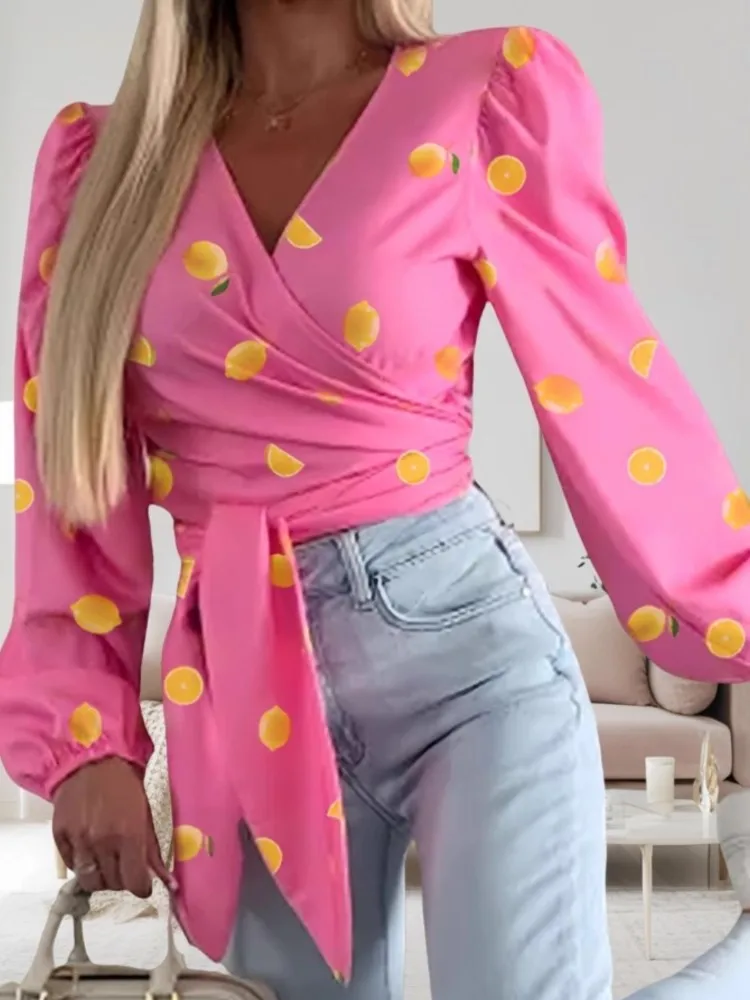 

New Long-sleeve Bow Top Shirt Spring Fashion Elegant V Neck Print Casual Office Holiday Party Tee Shirt Femme Womens Clothing