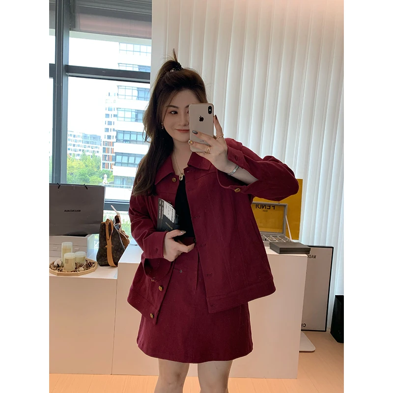 

Faionable American Retro Denim Jaet And Skirt Set Women's Turn-down Collar Two-piece Cotton Long Sve Button up Outfit