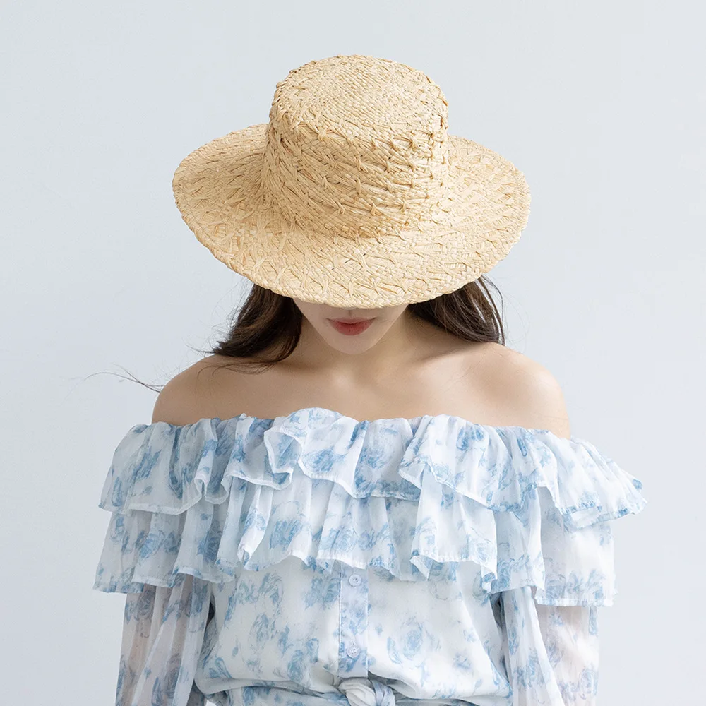 Wiosna i lato Nowa moda Casual Ręcznie dziergany wzór Płaski kapelusz z szerokim rondem Słomkowy kapelusz na zewnątrz