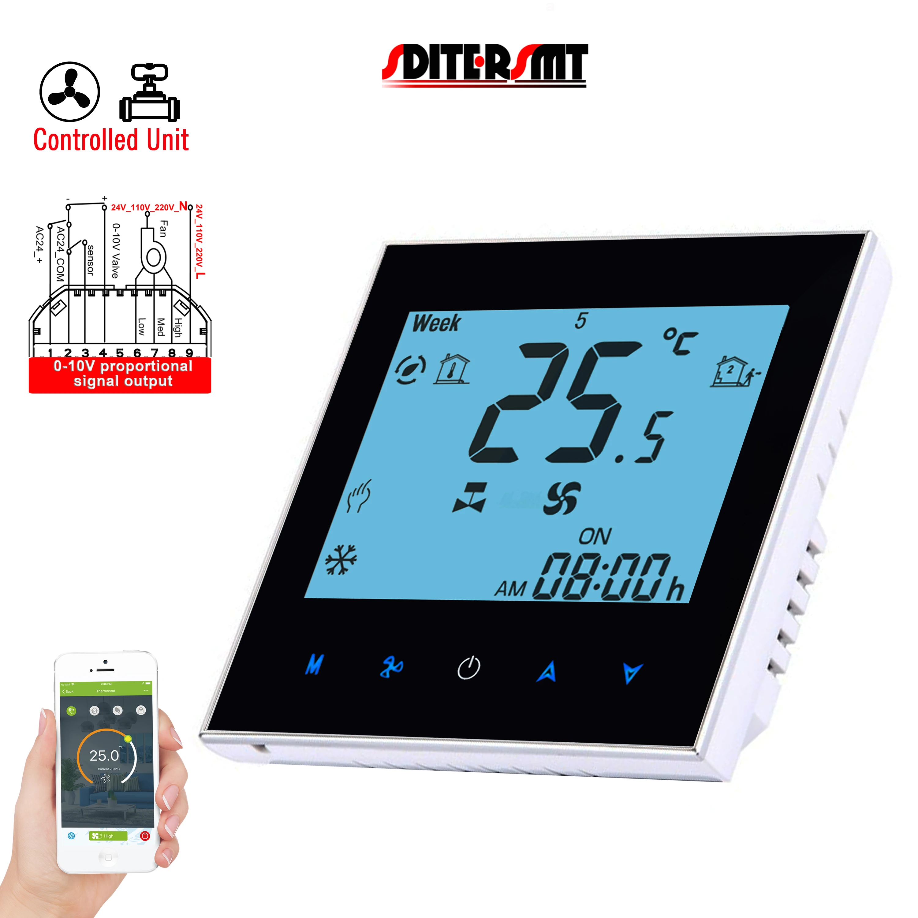 EU 24V Sensor Duplo RS485/WIFI THERMOSTAT Bobina de Ventilador de 2 Tubos com Saída de Contato Seco de 3 Velocidades e Controle de Válvula