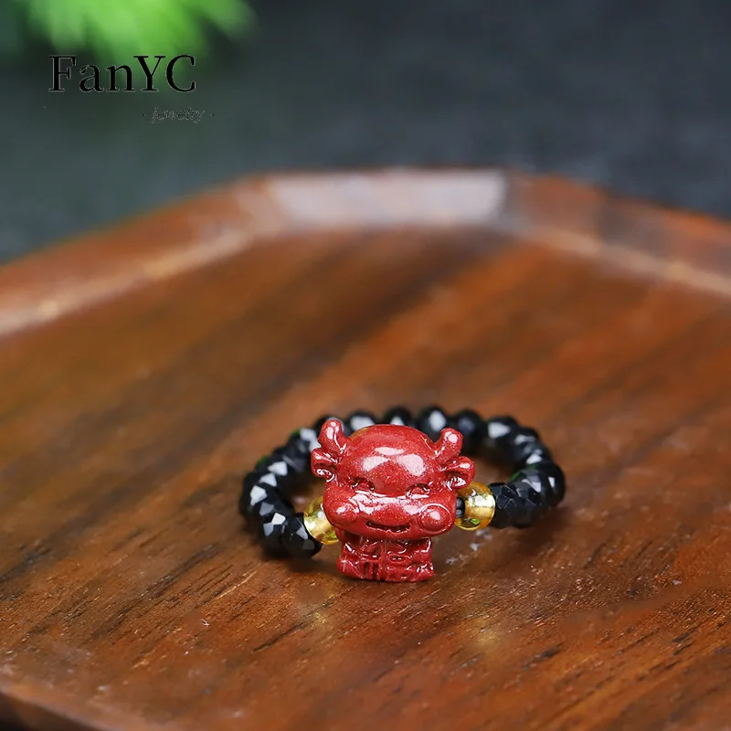 Natural Cinnabar Rose Ring Black Spinel Hand-woven Beaded Cinnabar Ring Peace and Luck Auspicious Amulet Holiday Gift