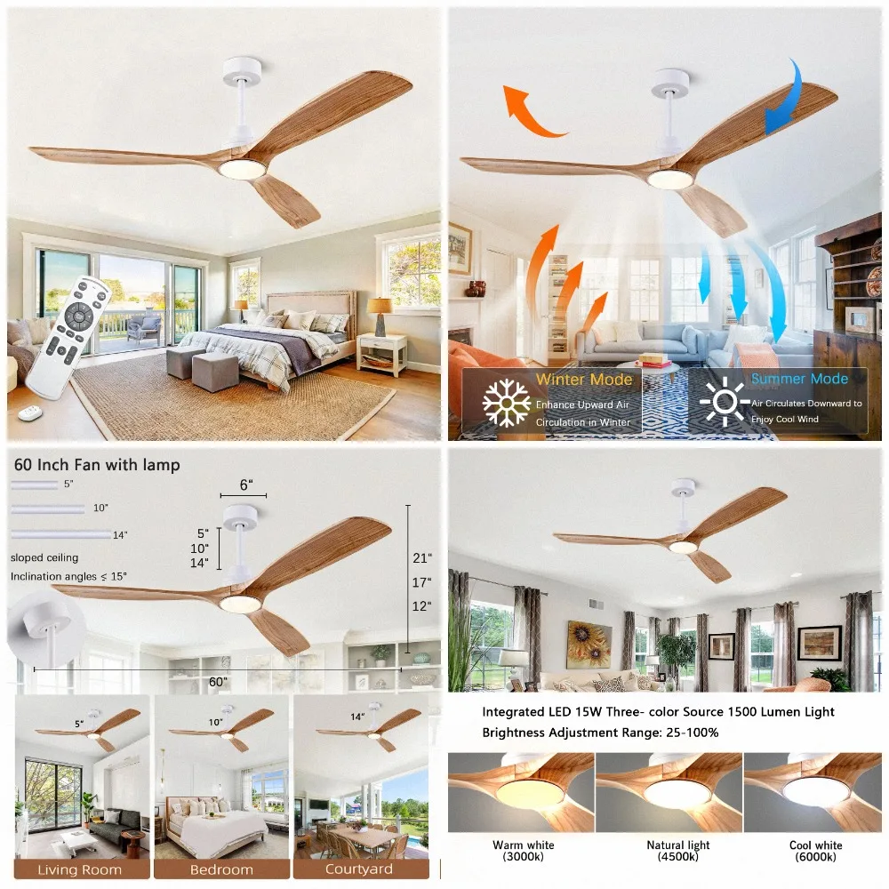 42/52/60 Inch Natural Wood Ceiling Fan with Light, Remote Control Quiet DC Motor Reversible Blades Living Room Bedroom 85-265V