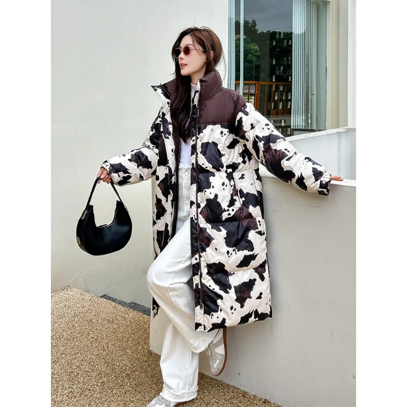 Long Fluffy Duck Down Jacket for Women, White Duck Down, Stand Collar, Thick Warm, Cow Pattern, Casual Loose Down Coats, Winter