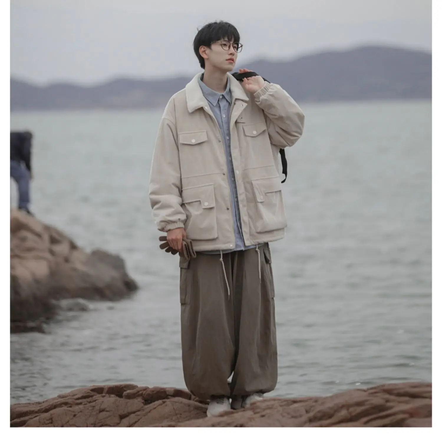 2025 Winter Japanese Retro Men's Coffee Corduroy Cotton Jacket Casual Fleece Lined Thickened Workwear Blue Beige Cotton Coat