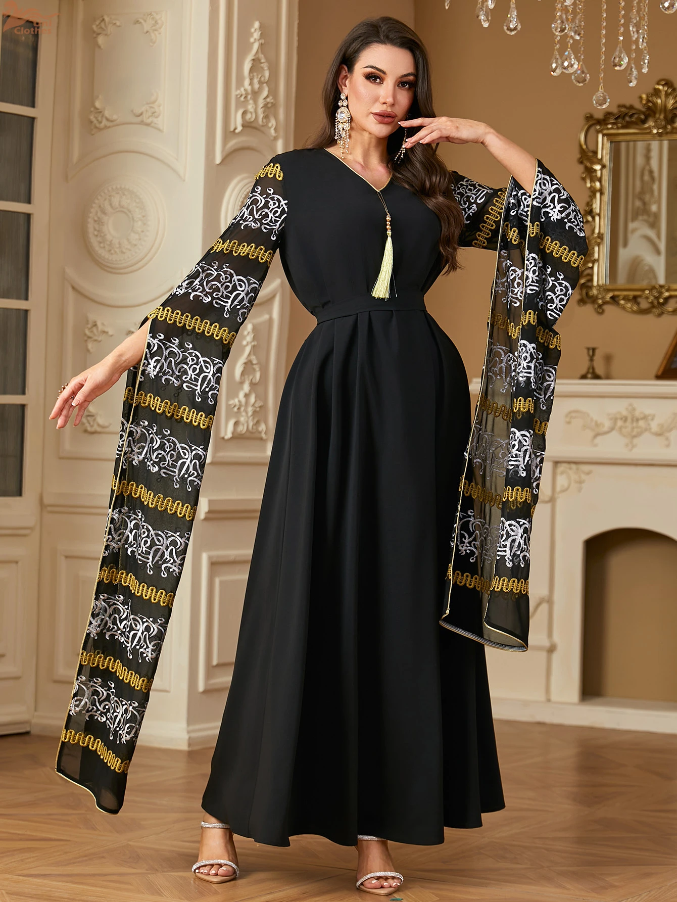 New In Dress Rhinestone Patchwork Floral Print Islamic Long Dress Muslim Dubai Turkey Arab Elegant Abaya For Femme 2024 ﻿