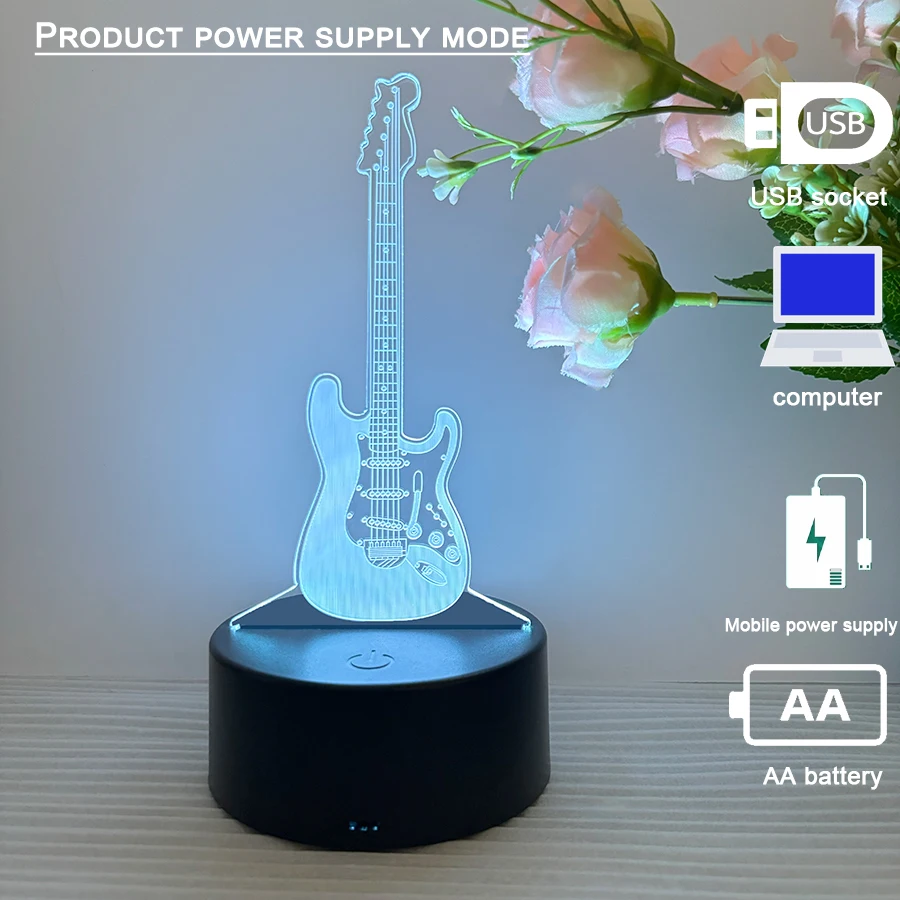 A guitar 3D vision nightlight, smart touch color palette, seven adjustable colors, battery USB dual use, suitable for holiday gi