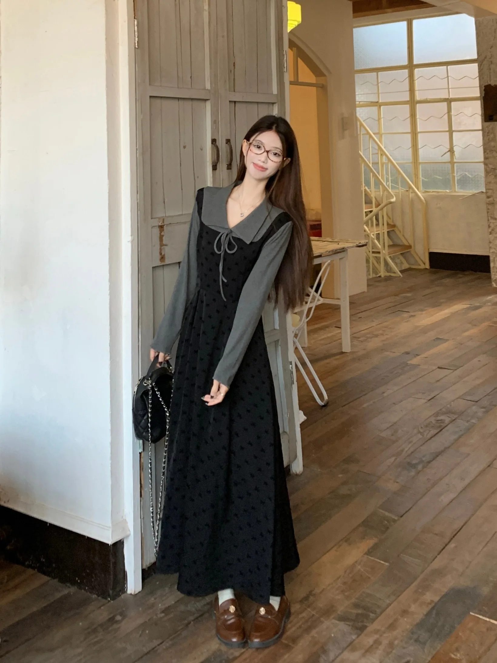 

plus Size Long Sleeve Wrap Waist Splice Dress Autumn New Style Slimming Design Base Layer Long Dress Korean Style Commute Wind