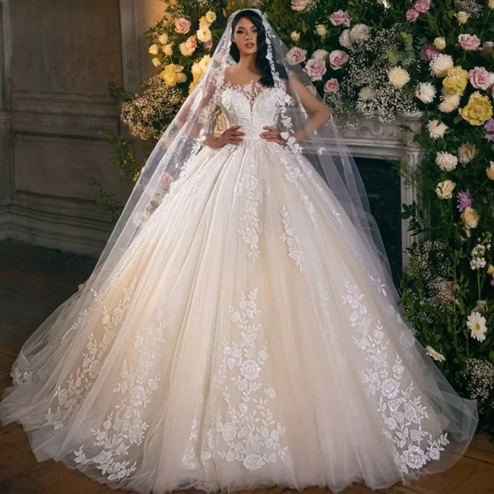 

Customized 2025Luxury Lace Appliques Ball Gown Wedding Dress Elegant O-Neck Cap Backless Bridal Gowns Vestidovestidos de novia