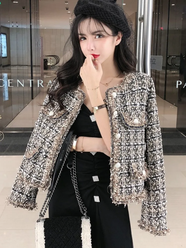 

Autumn Elegant French Coat For Woman Tassel Sequins Tweed Slim Long Sleeve Single Breasted Jacket Coats Fashion Outerwear New