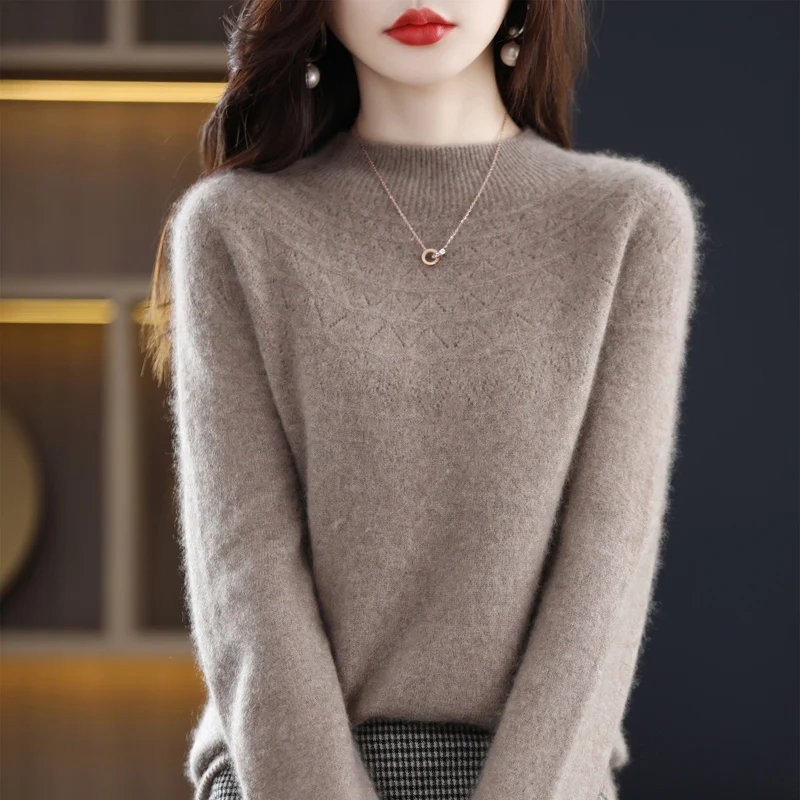 100% Cashmere Sweater Women\'s Half-Turtleneck Slim Seamless Wool Knitted Bottoming Shirt Hollow Loose In Autumn And Winter