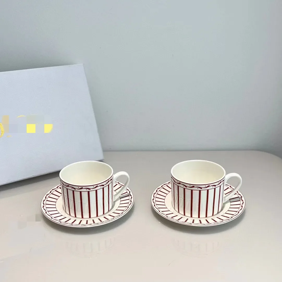 Simple Line Four Piece Bone China Coffee Cup and Plate Set  2 Cups and 2 Plates  Afternoon Tea Set Gift