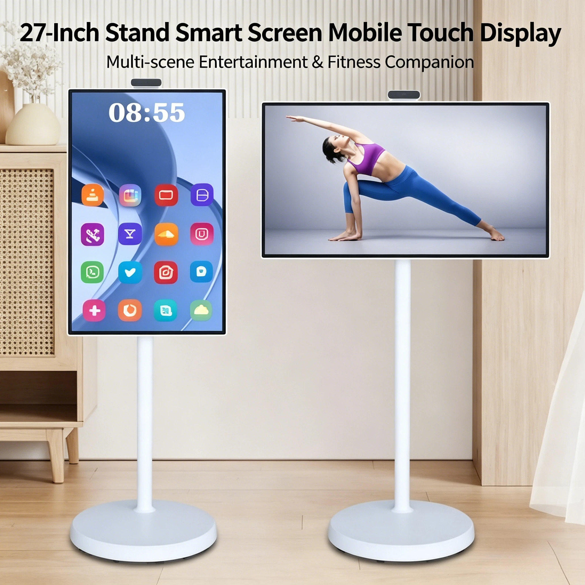 Mobile Android Touch Screen Monitor Stand, 21.5" 24" 27" 32" Rotating Smart Display with Wheels & Built-in Rechargeable Battery