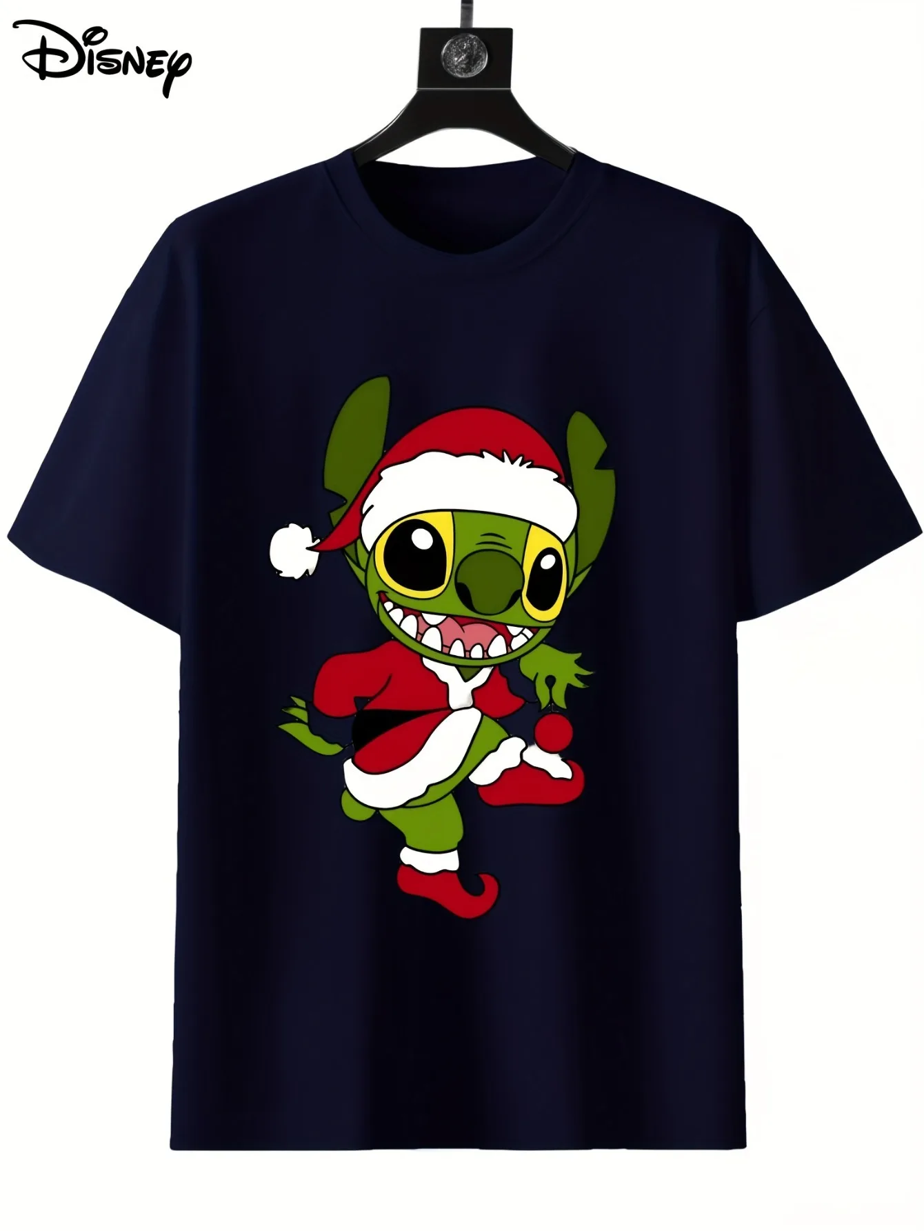 

Disney Stitch Christmas T-shirt - Christmas hat and green holiday T-shirt, loose round neck top for both men and women