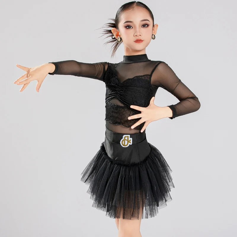 Strój do tańca latynoamerykańskiego dla dziewcząt 2025, kostiumy do występów, odzież do tańca chacha rumba, top z siateczki, spódnica z koronki, strój sceniczny DQL12317