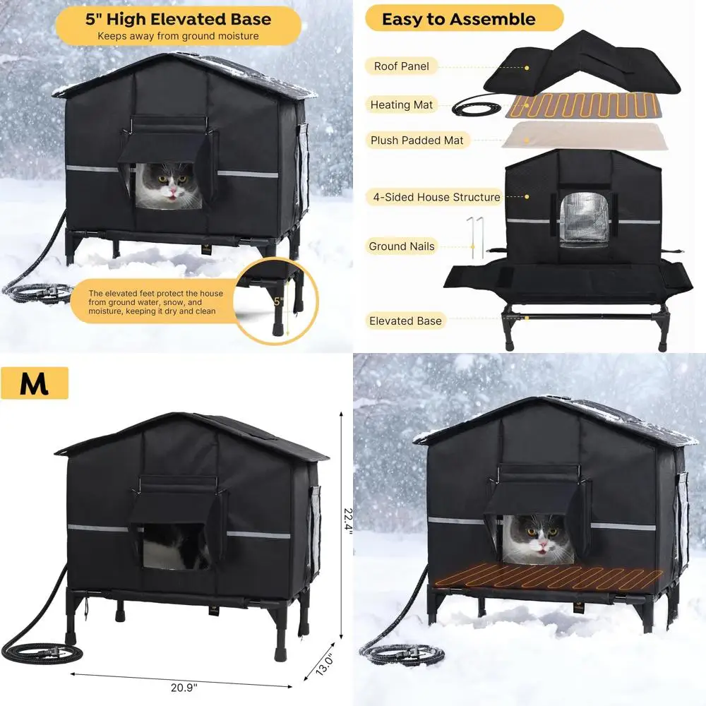 

Прочный утепленный уличный домик для кошек с приподнятым основанием, водонепроницаемыми карнизами и удобным входом.