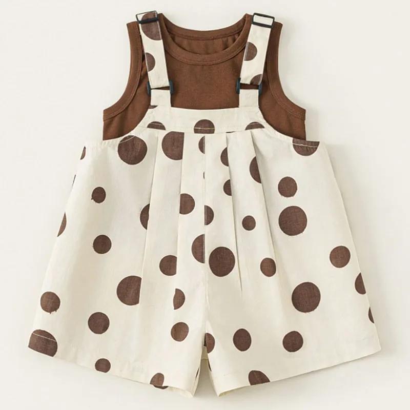 

2Piece Sets Summer Toddler Girl Clothes Korean Fashion Cute Dot Sleeveless Cotton Baby Tops+Overalls Boutique Kids Clothing B011