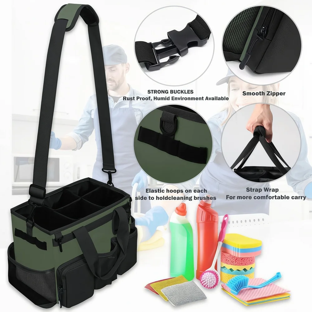 Oxford Cleaning Caddy Bag With Handle Shoulder Strap Multi Compartment Household Cleaning Supplies Storage Organizer Bag