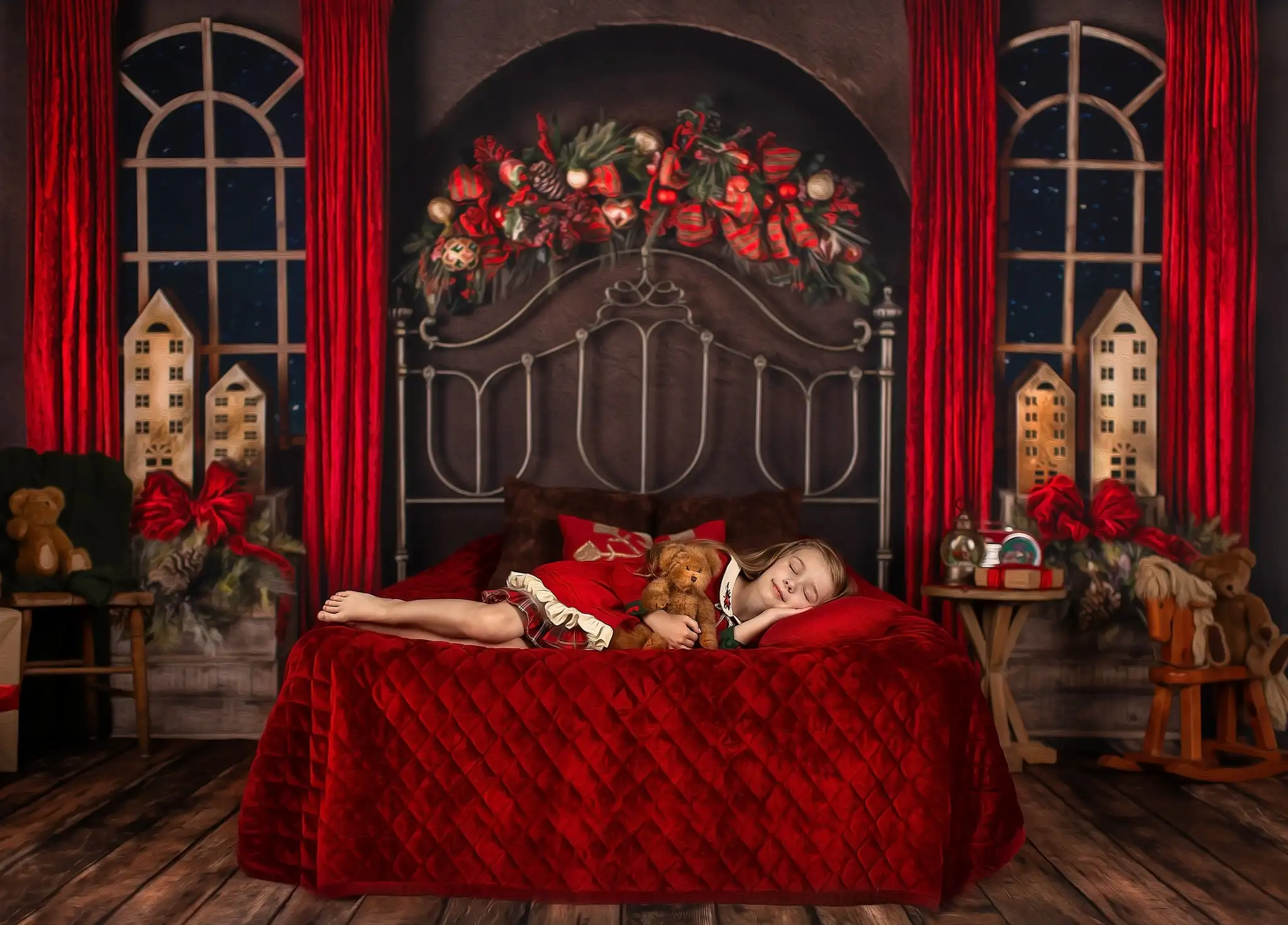 Christmas Bed Headboard Photography Backdrops Kids Family Photocall Red Curtains Photo Windows Backgrounds