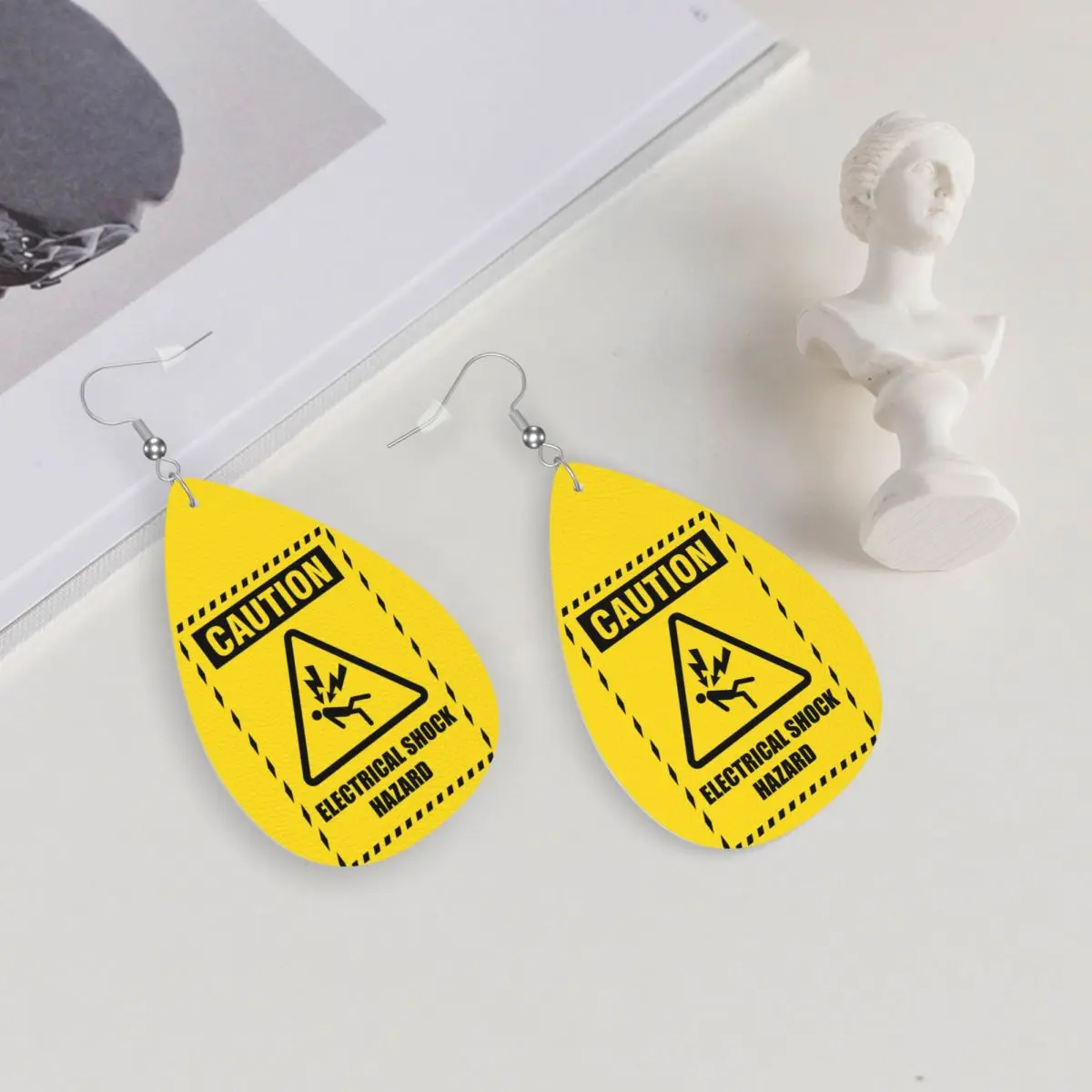 Custom Funny Caution Warning Leather Teardrop Earrings for Women Leather Earrings Fashion Lightweight for Parties Holidays