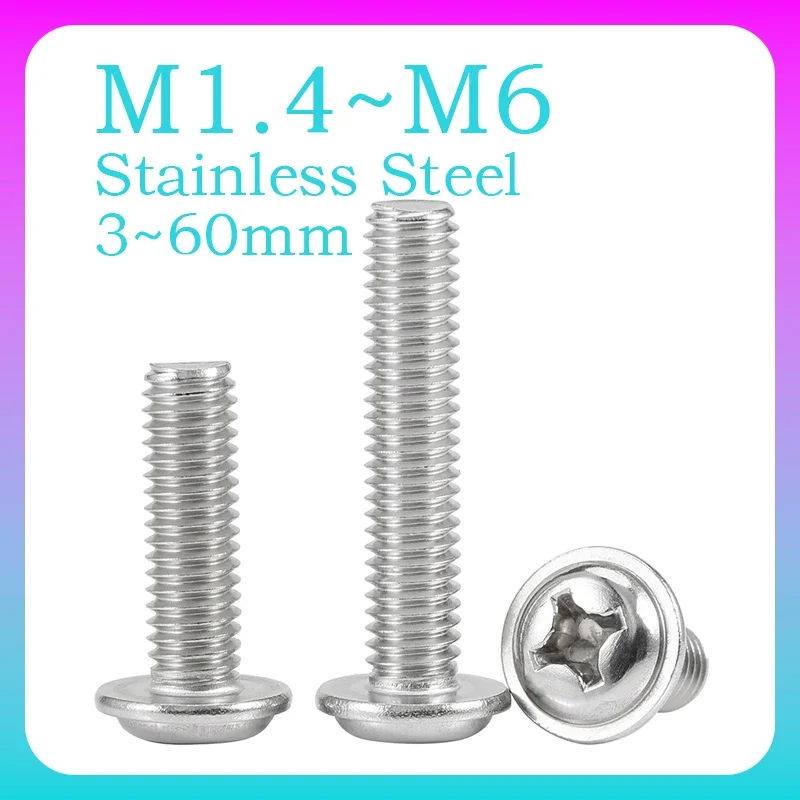 5~100 Pcs 304 Stainless Steel Pan Head Truss Collar Cross Bolt with Washer Round Head Phillips Screw M1.4 M2 M2.5 M3 M4 M5 M6