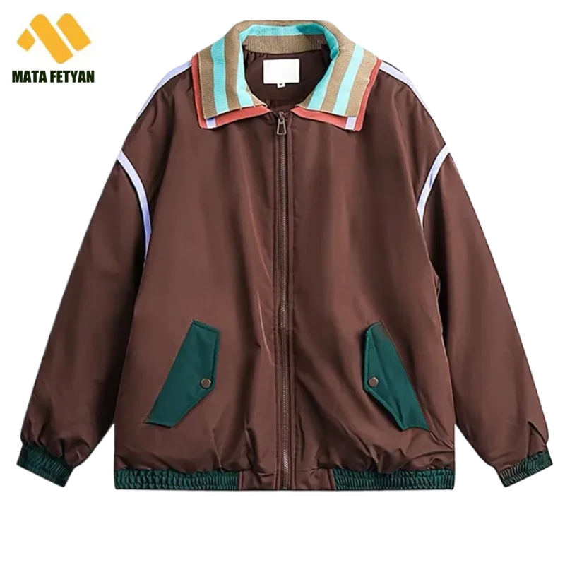 2024 new Spring Autumn Varsity Bomber Jacket Men Vintage Japanese Patchwork Baseball Coat  Loose Casual Color Block LapelsJacket