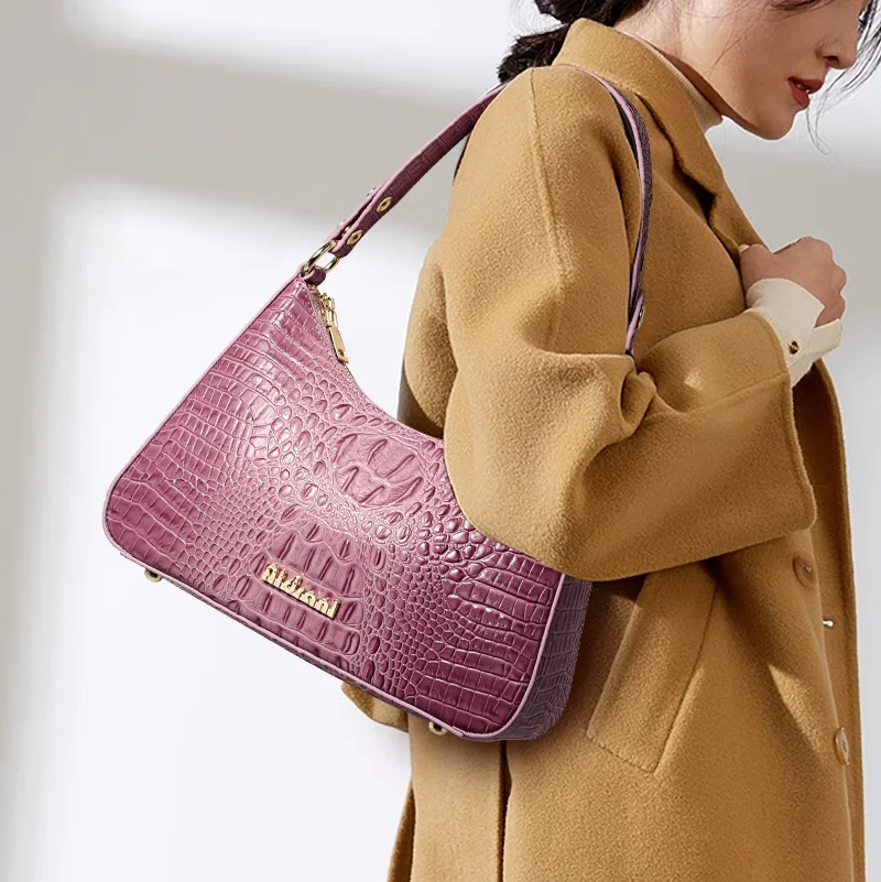 

Glossy Croc - Embossed Handbag: Gold - Trimmed Accents