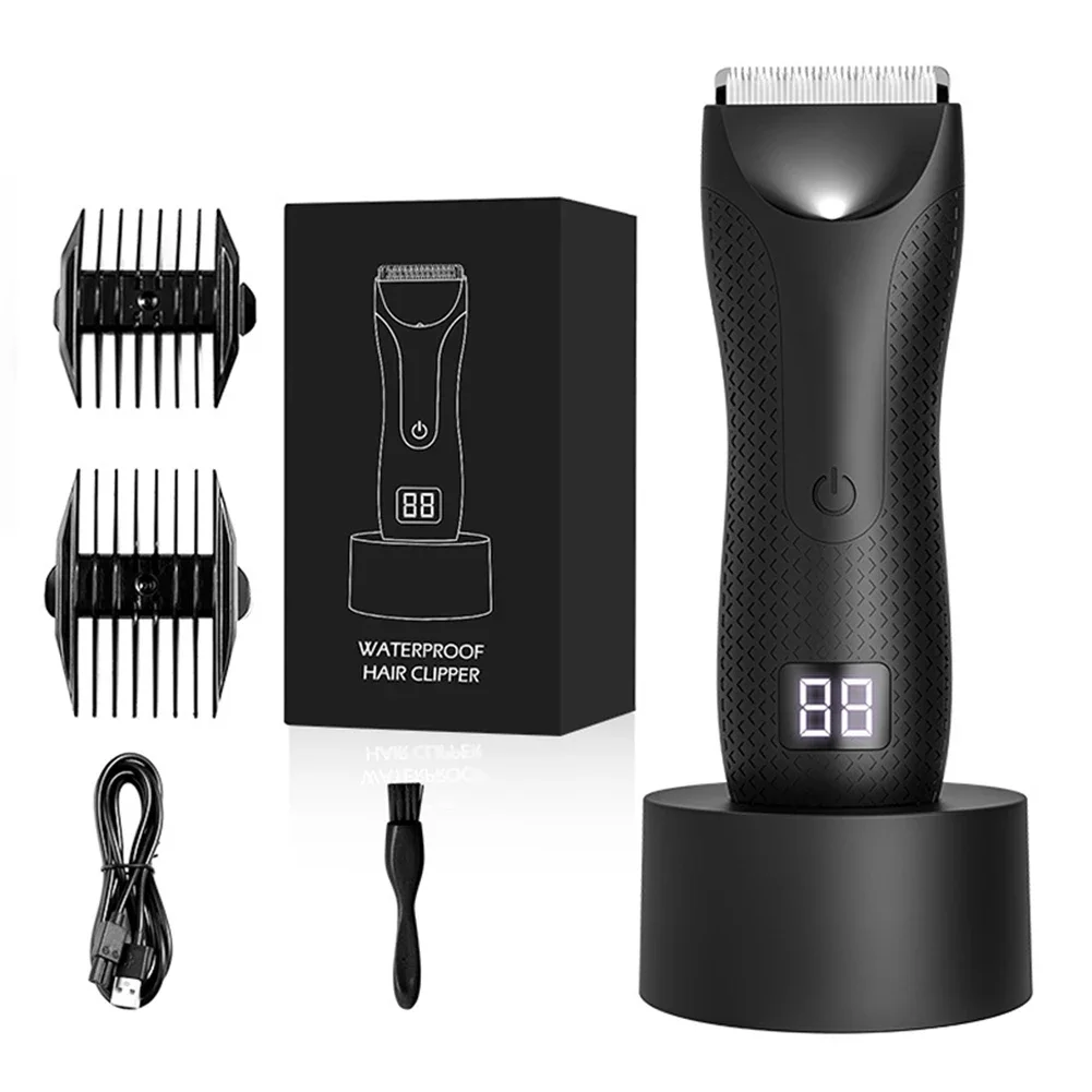 Body Hair Trimmer Rechargeable Groin Hair Trimmer Ceramic Blade Electric Shaver with 2 Guide Comb Body Groomer for Men