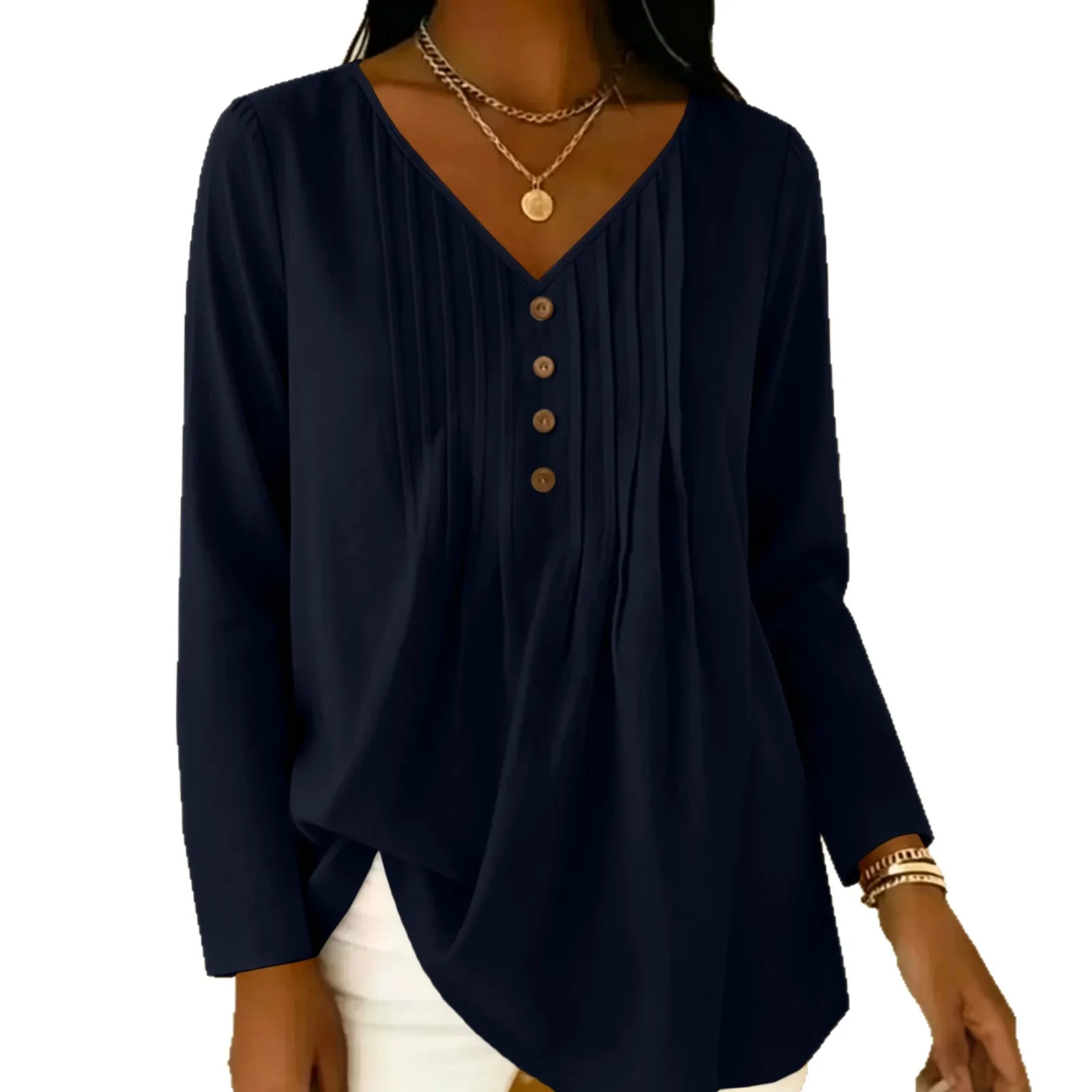 Gentle Early Autumn V-Neck Half Button Pleated Long Sleeve Blouse, Loose Fit Hide Belly Versatile Casual Shirt view 5