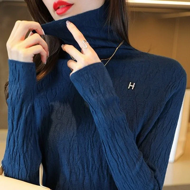 Christmas Frilly Sweater Thin All-match Pullover Full Sleeve Turtleneck Elegant Solid Casual Elastic 2023 New Autumn Korean Tops