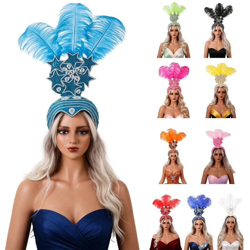 Showgirl Headpiece Headband with Sequined Front Panel and Tall Detail for Parties and Stage Show Y08E