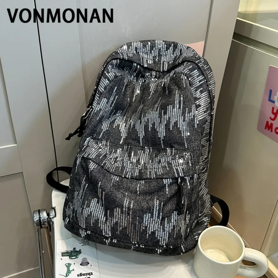 

VONMONAN Sequined Denim Backpacks for Women School Bag Fashion Large Rucksack Girl Travel Adjustable Shoulder Belt Solid Color