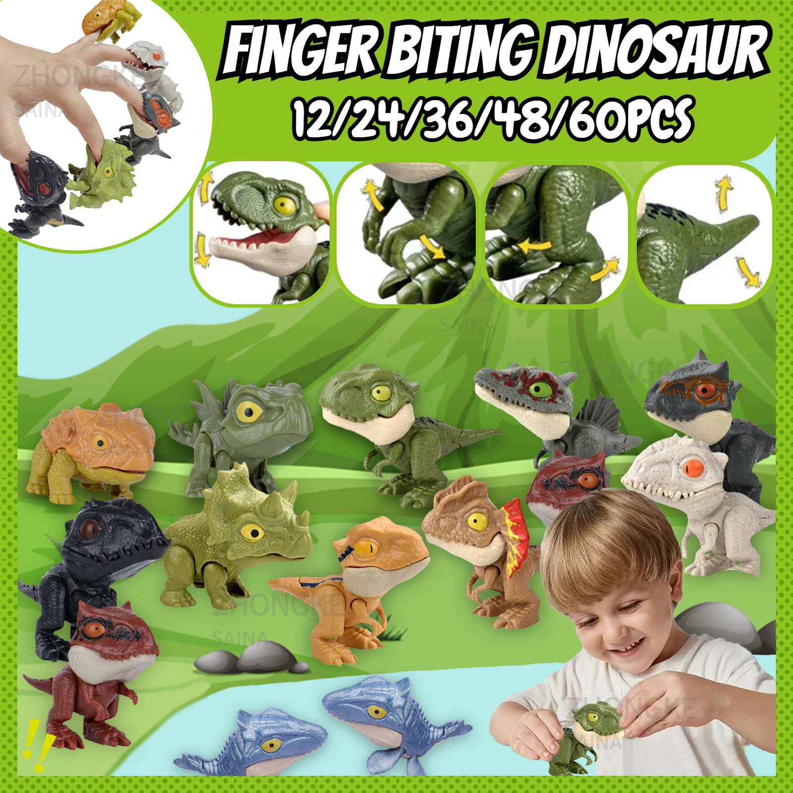 12-60pcs Finger-biting Dinosaurs Toys for Kids Dinosaur Party Favors Movable Joints Dino Birthday Goodie Bag Stuffers for Boys