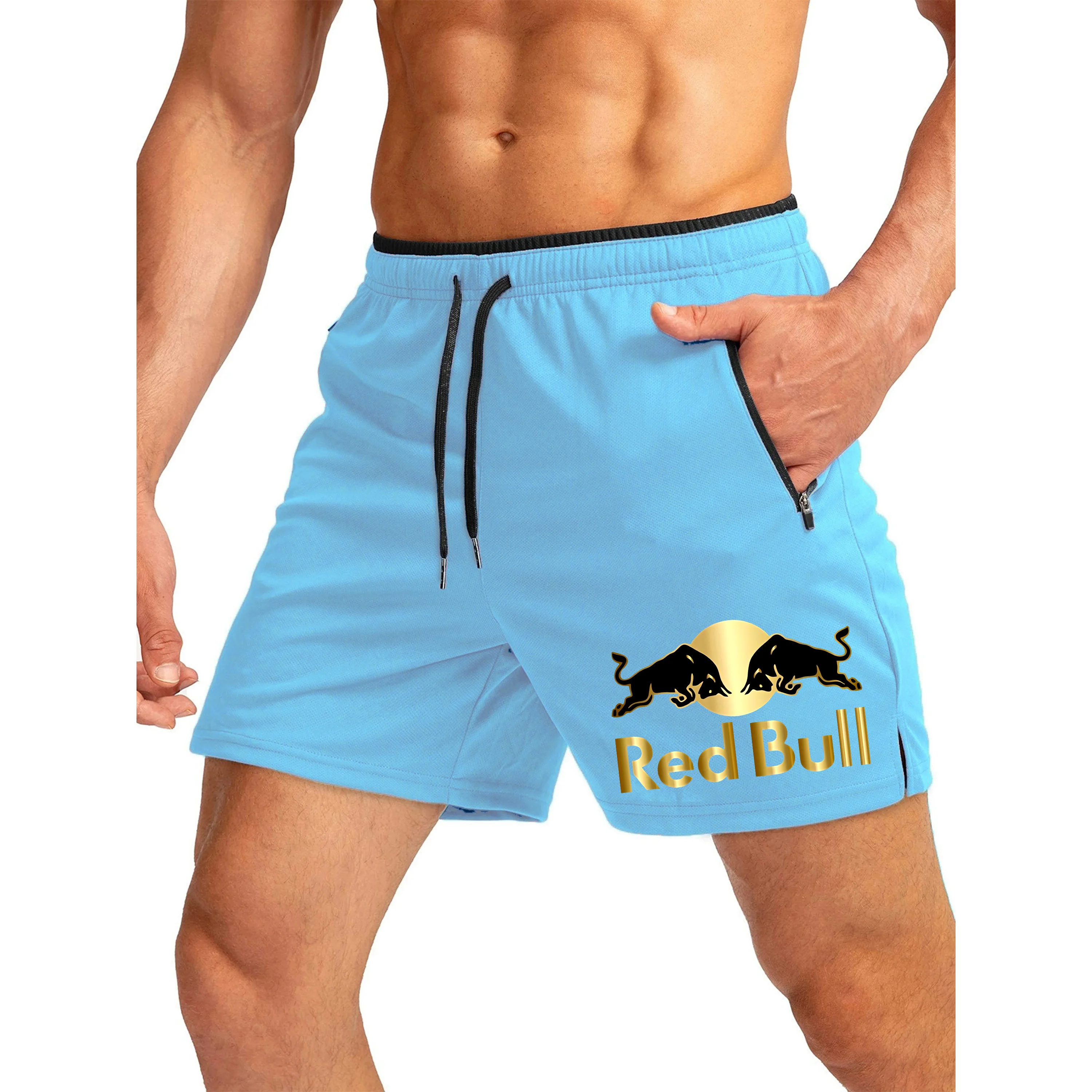 

Men'S Red Bull Logo Zipper Pocket Running Shorts Quick Drying Breathable Gym Sports Beach Mesh Shorts Sportswear And Accessories