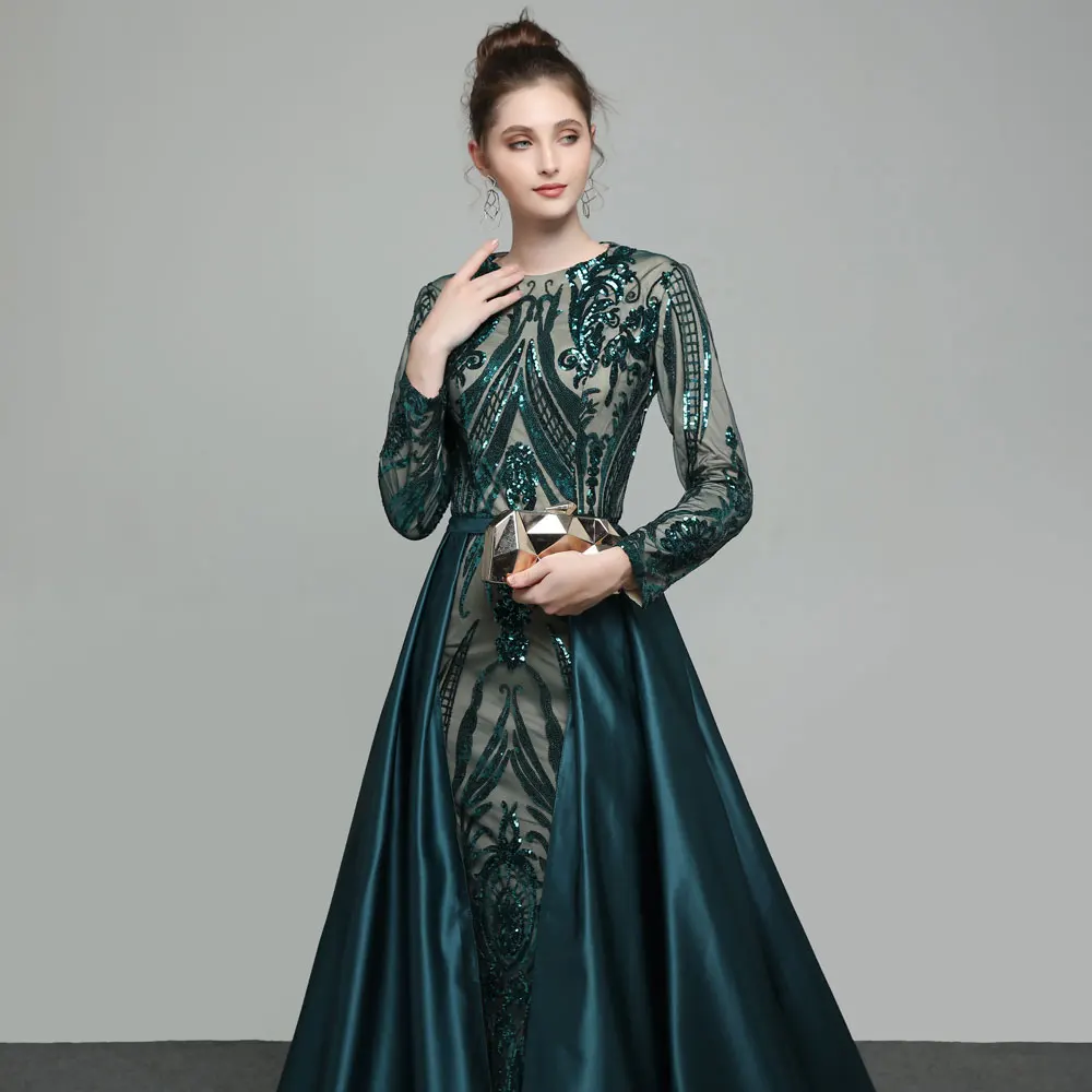 Hot sale Elegant Muslim Green Long Sleeves Evening Dresses With Detachable Train Sequin Bling Mother of the Bride Dresses plus