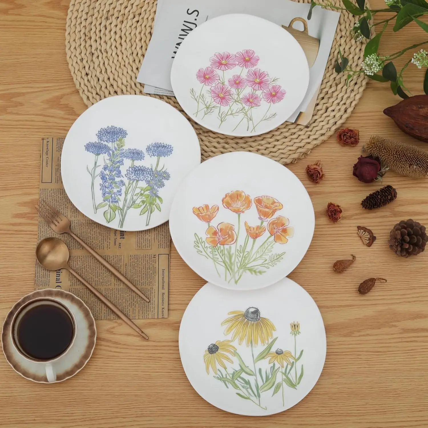 طقم أواني طعام من الميلامين الزهري، 16 قطعة لـ 4 أشخاص، أدوات مائدة للاستخدام الداخلي والخارجي، أطباق وأطباق غير منتظمة الشكل غير قابلة للكسر #6