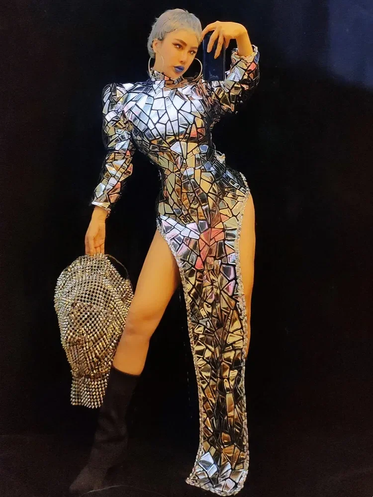 الذهب والفضة الليزر الترتر مثير المرحلة سبليت فستان طويل ملهى ليلي بار أداء ملابس رقص مرحلة حفلة سحب الملكة زي