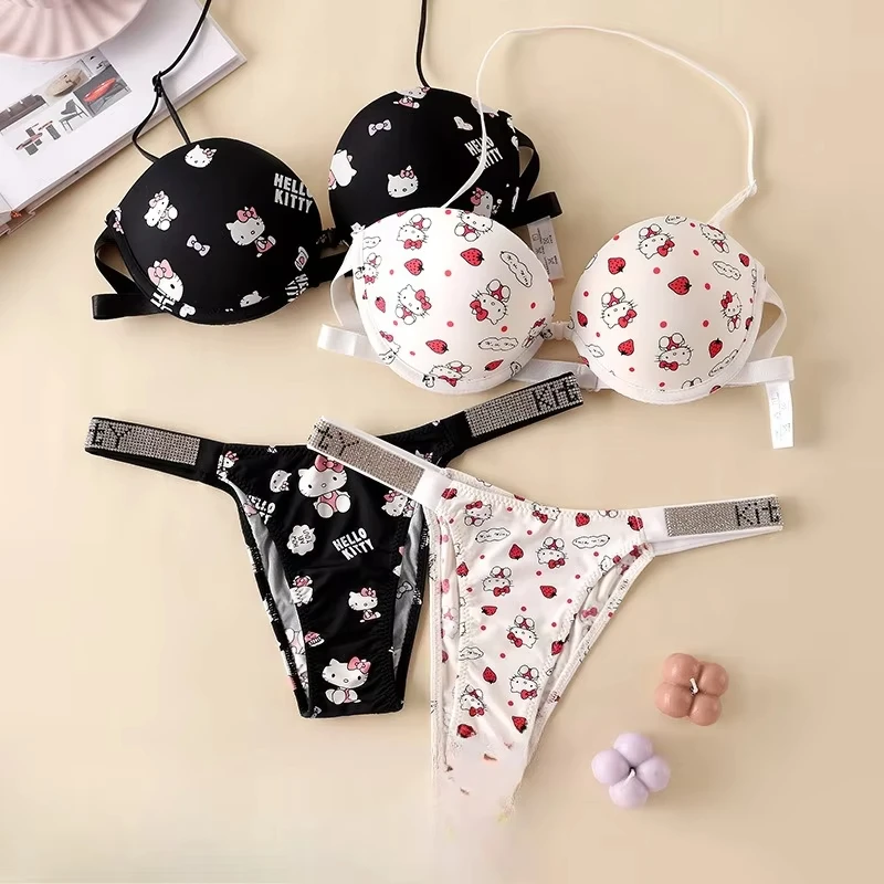 

Sanrio Hello Kitty Japanese Woman's Strapless Underwear Set Sexy Gathered Rhinestone Low-Waisted Print Thong To Give Girls Gifts