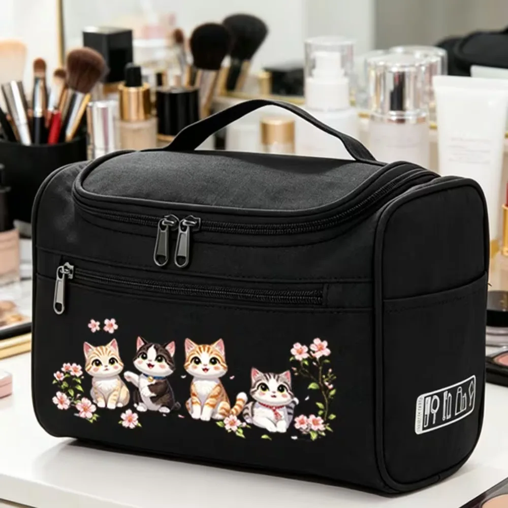 Kosmetiktasche, niedliche Katzen- und Blumenmuster, tragbare Toilettentasche mit Griff, vielseitige Aufbewahrungstasche mit mehreren Fächern für Kosmetikartikel, ideal für Reisen. – Detail 5