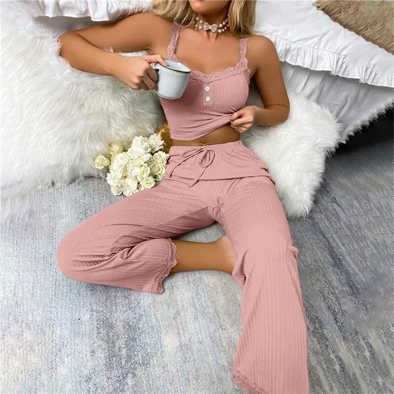 Autumn Winter Women's Two Piece Pajamas Set Lace Suspenders Tops and Long Trousers Pijamas Loungewear Sleepwear